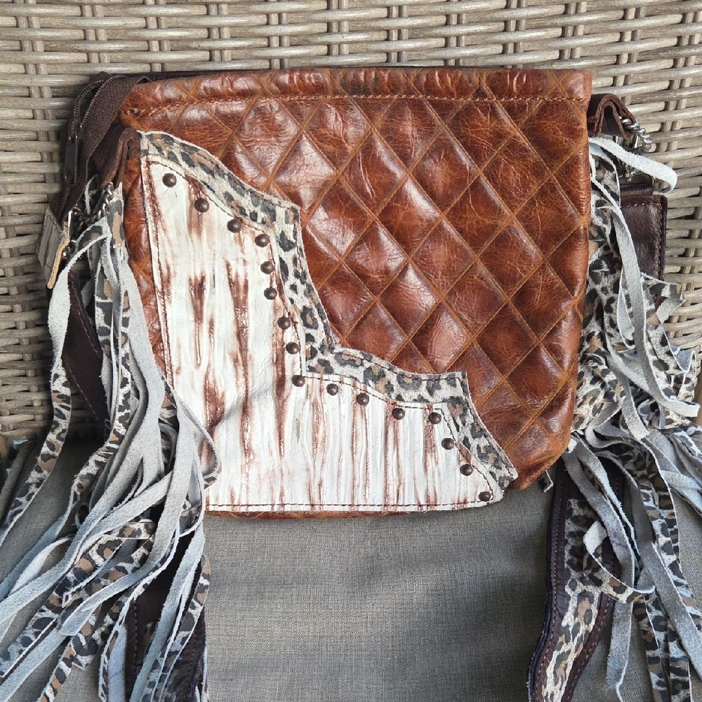 Custom White Leopard Fringe Western Leather Crossbody Purse